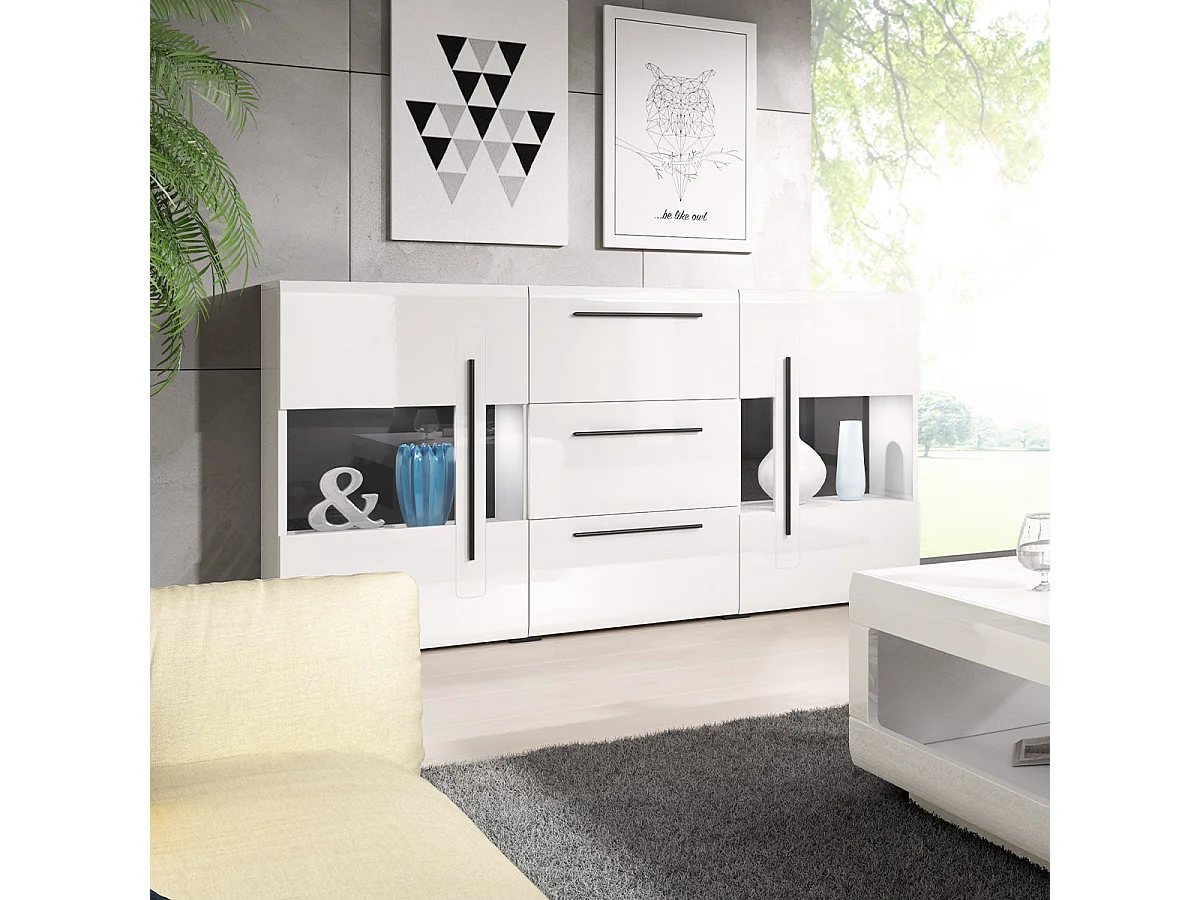 Buffet 2 portes 3 tiroirs avec LED Louis Blanc