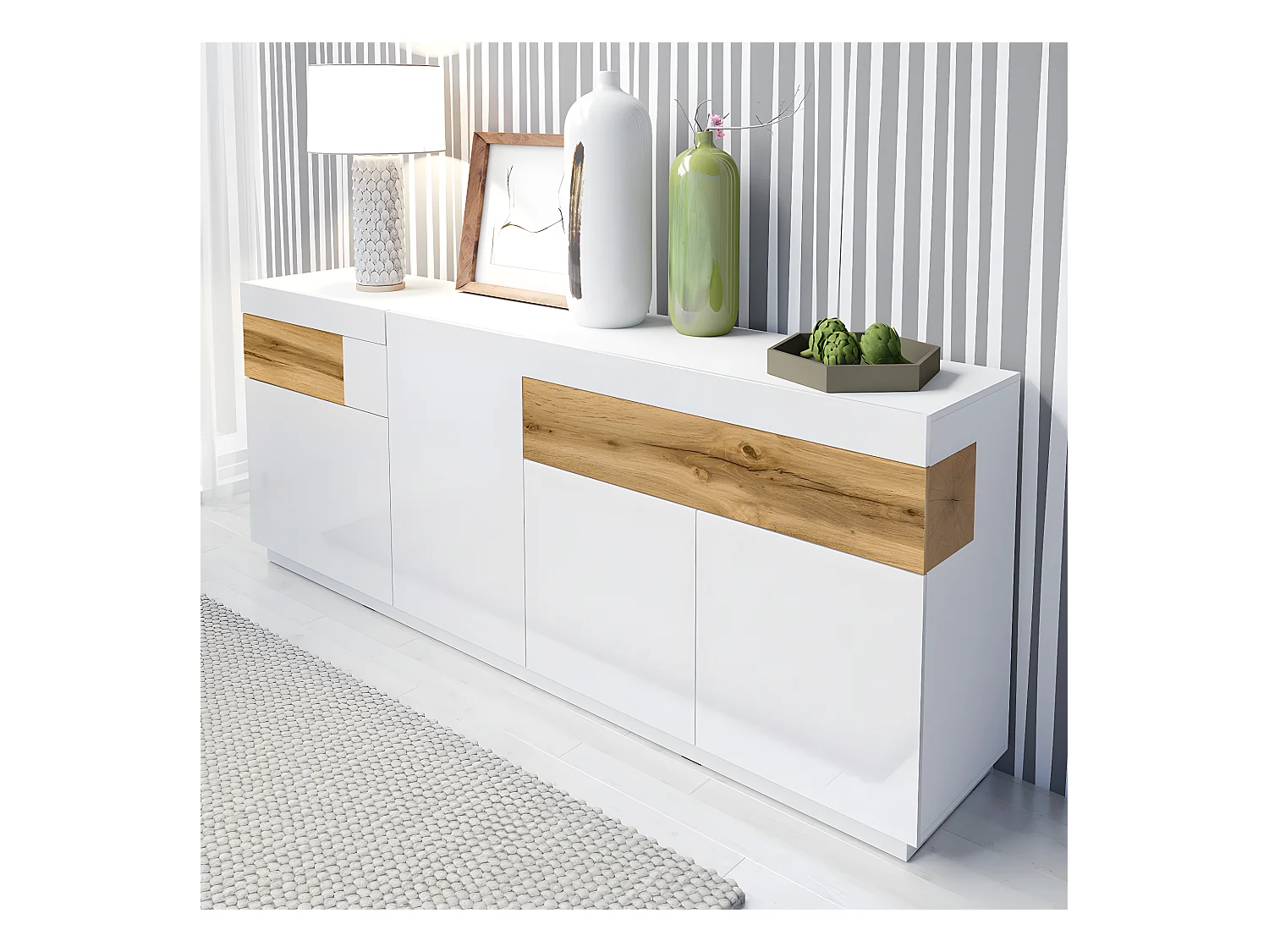 Buffet 4 portes 2 tiroirs Andrea Blanc et Bois