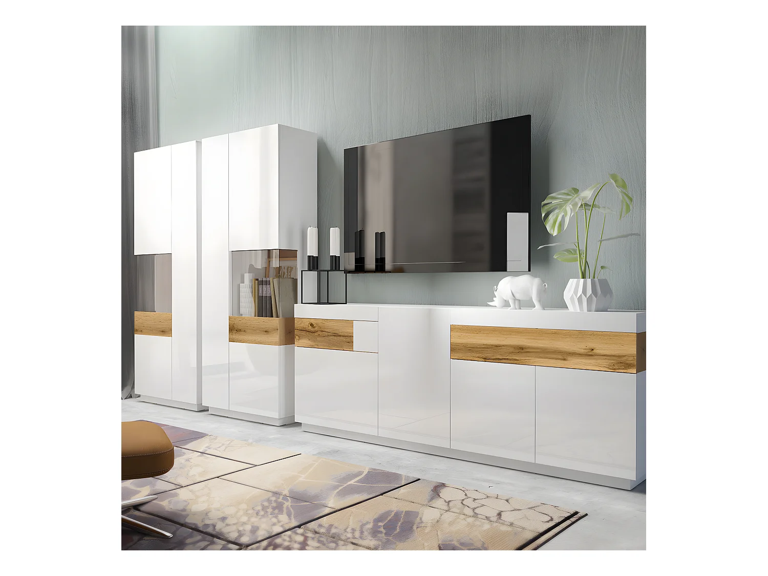 Buffet 4 portes 2 tiroirs Andrea Blanc et Bois