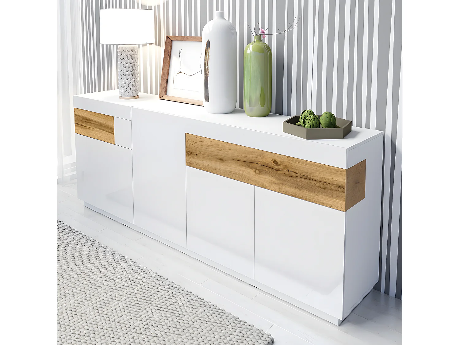 Aparador 4 portas 2 gavetas Andrea branco e madeira 85cm