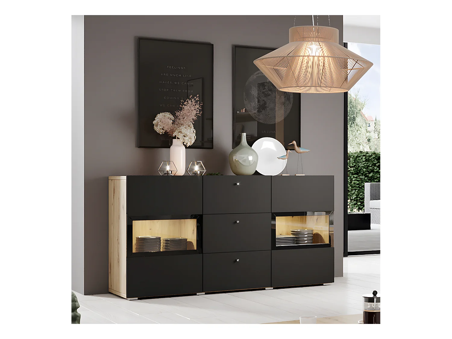 Buffet 2 portes 3 tiroirs avec LED Sloan Noir et Bois