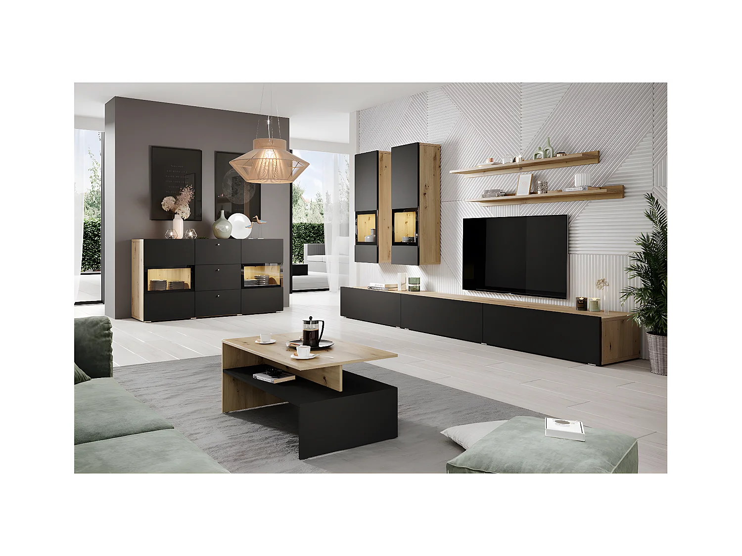 Buffet 2 portes 3 tiroirs avec LED Sloan Noir et Bois