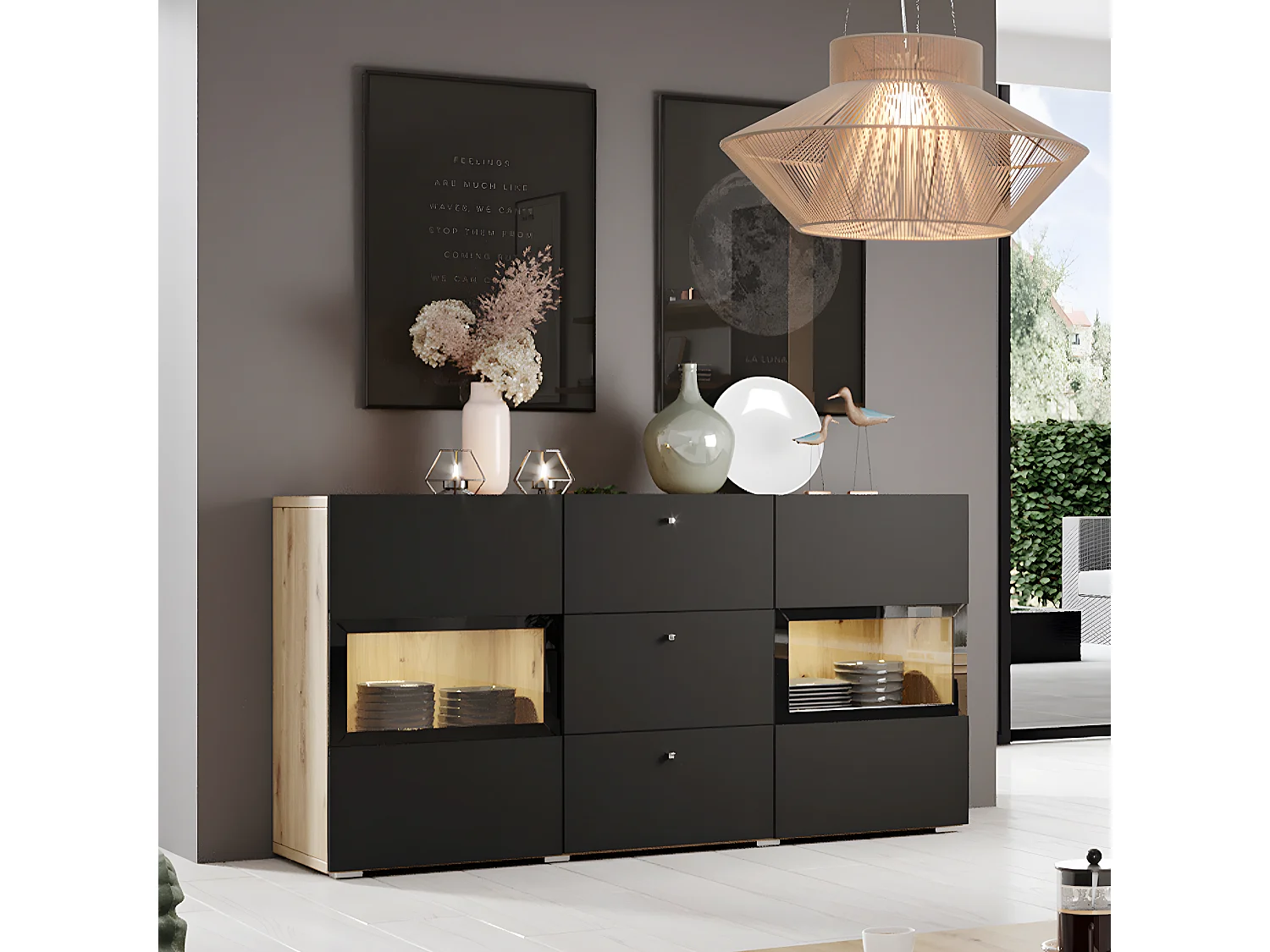Buffet 2 portes 3 tiroirs avec LED Sloan Noir et Bois