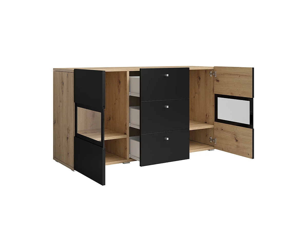 2-dörrars skänk med 3 lådor och LED Sloan Black och Wood