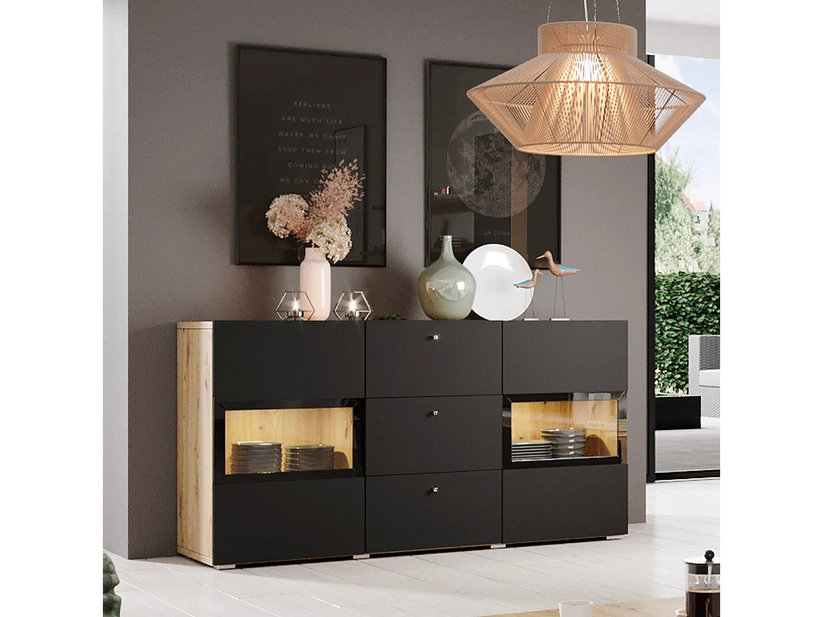2-dörrars skänk med 3 lådor och LED Sloan Black och Wood
