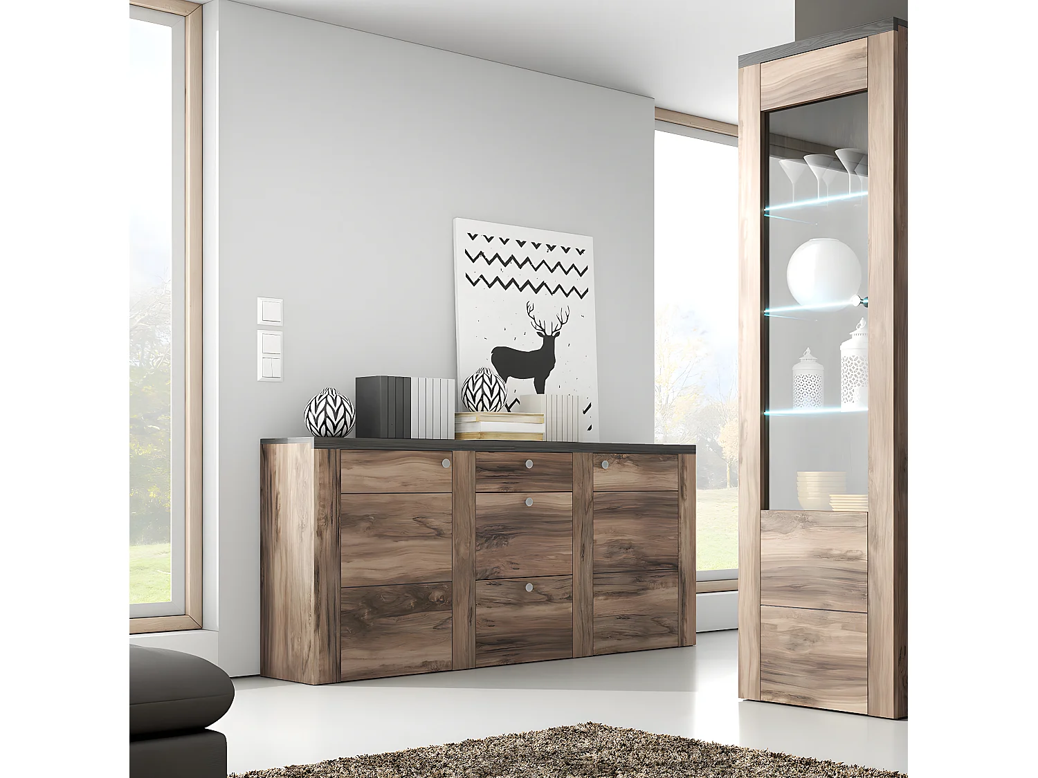 Buffet 2 portes 3 tiroirs Amaury Bois foncé