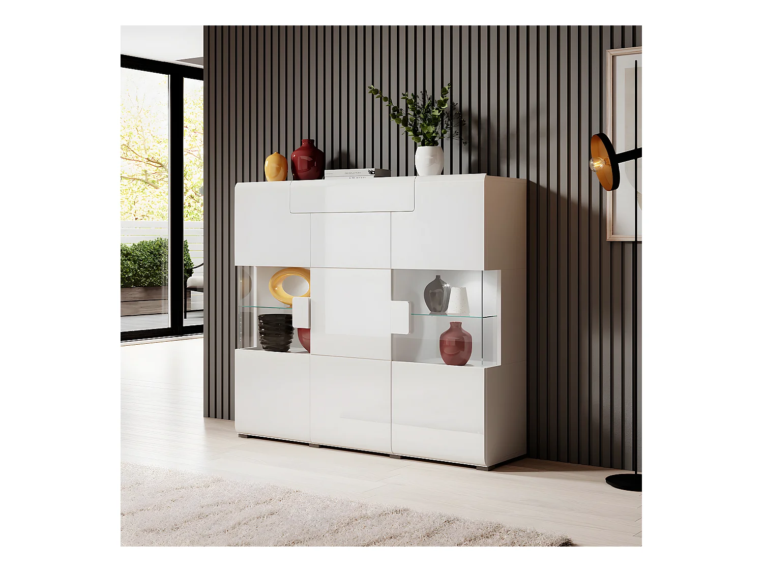 3-deurs highboard met 1 lade en LED Jules White