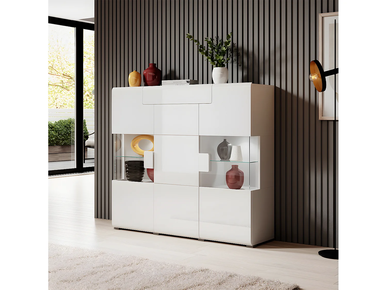 Buffet haut 3 portes 1 tiroir avec LED Jules Blanc