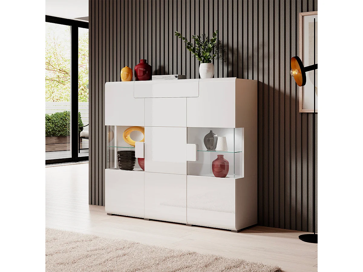 Buffet haut 3 portes 1 tiroir avec LED Jules Blanc