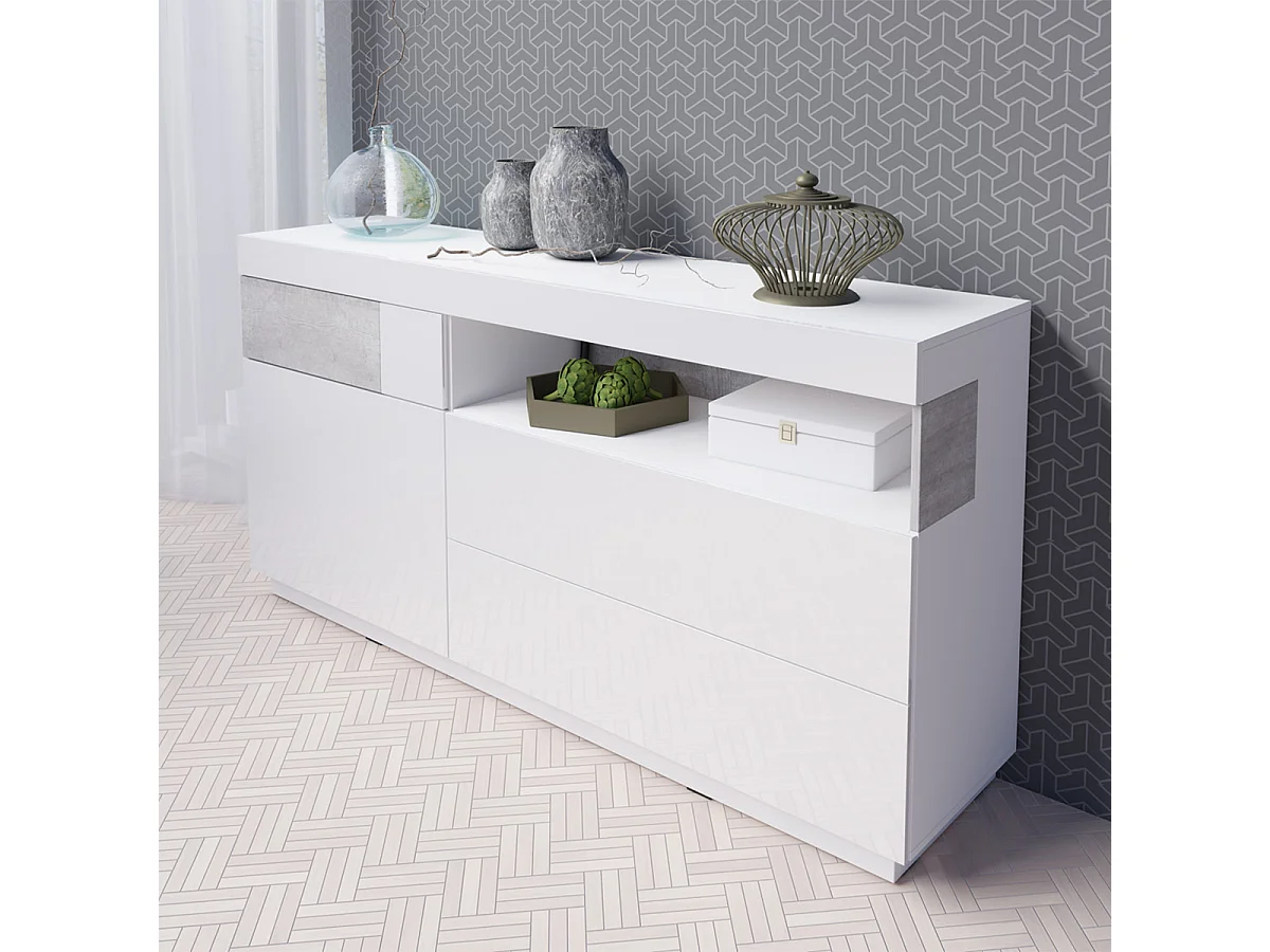 Buffet 1 porte 3 tiroirs Andrea Blanc et Béton