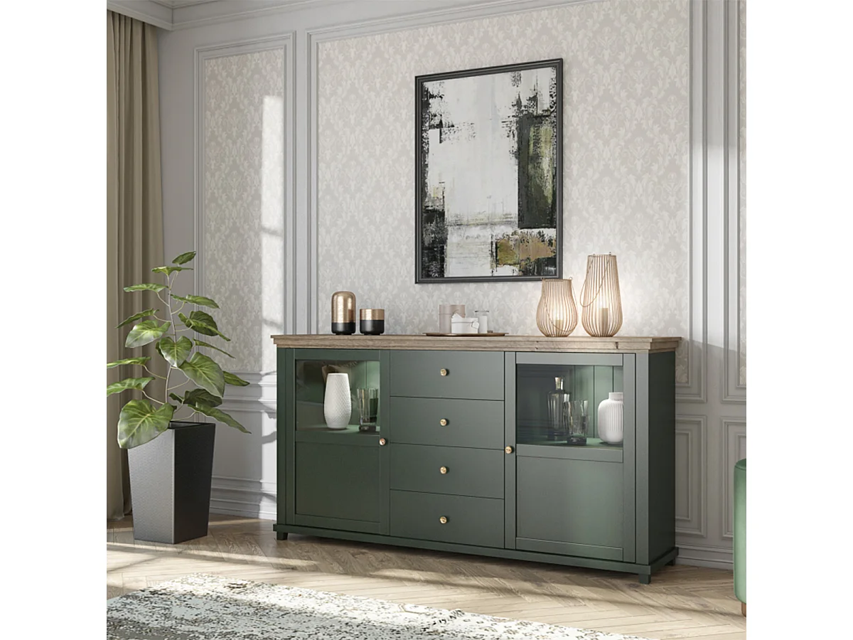 Buffet 2 portes 4 tiroirs Martin Vert et Bois