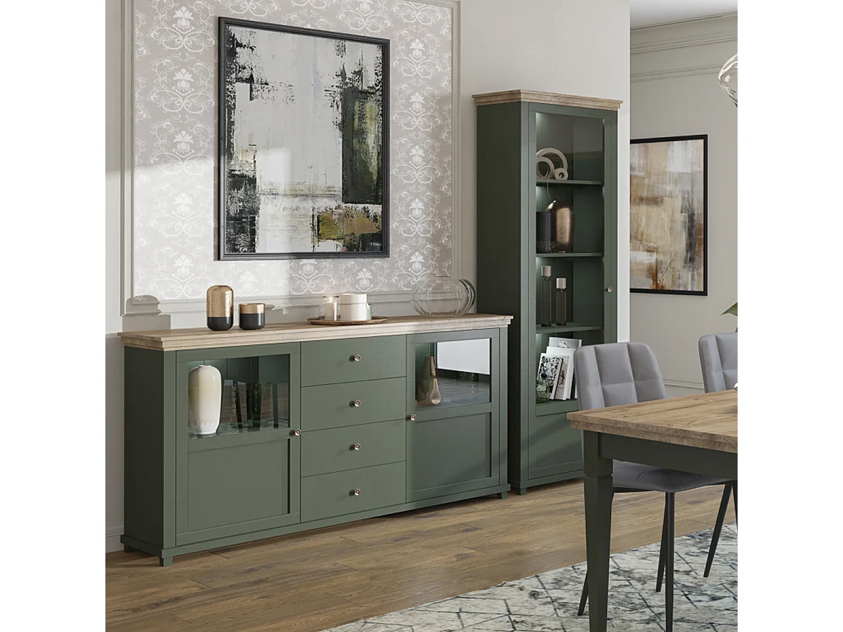 Buffet 2 portes 4 tiroirs Martin Vert et Bois