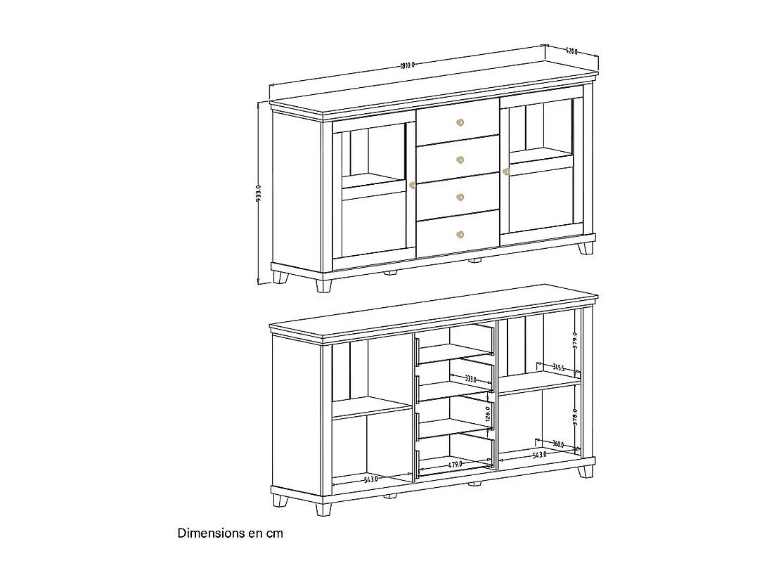 Buffet 2 portes 4 tiroirs Martin Vert et Bois