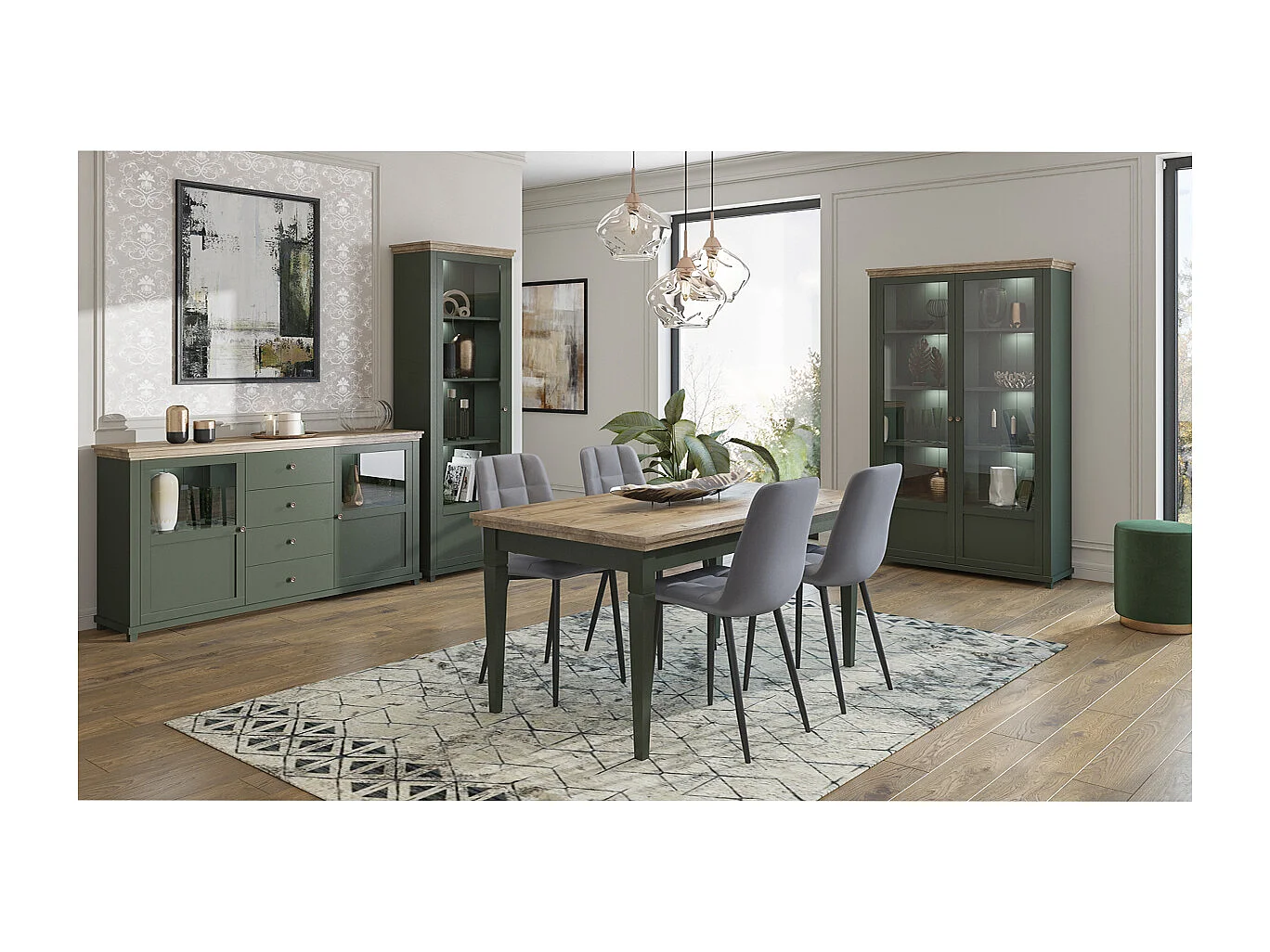 Buffet 2 portes 4 tiroirs Martin Vert et Bois