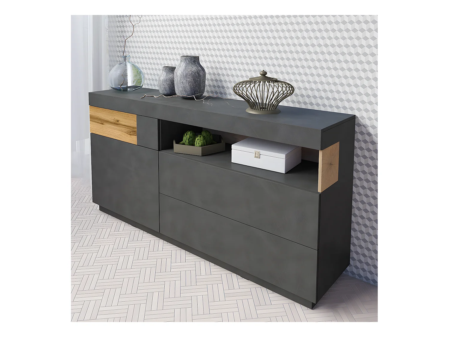 Buffet 1 porte 3 tiroirs Andrea Gris anthracite et Bois