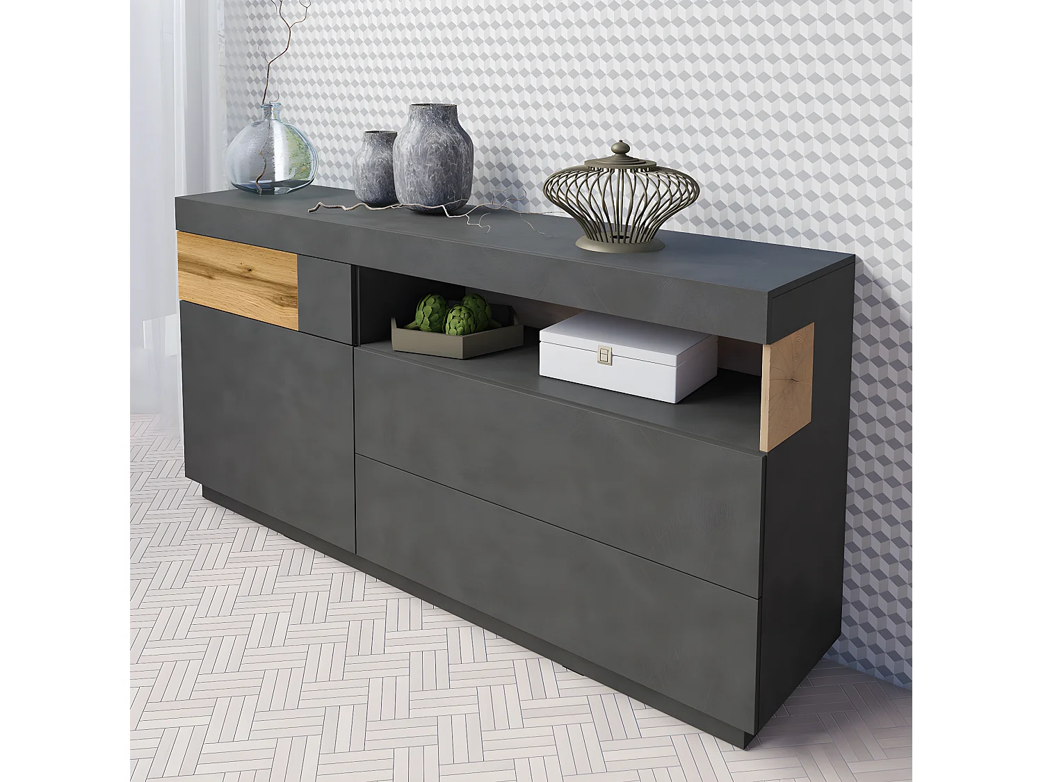 Buffet 1 porte 3 tiroirs Andrea Gris anthracite et Bois