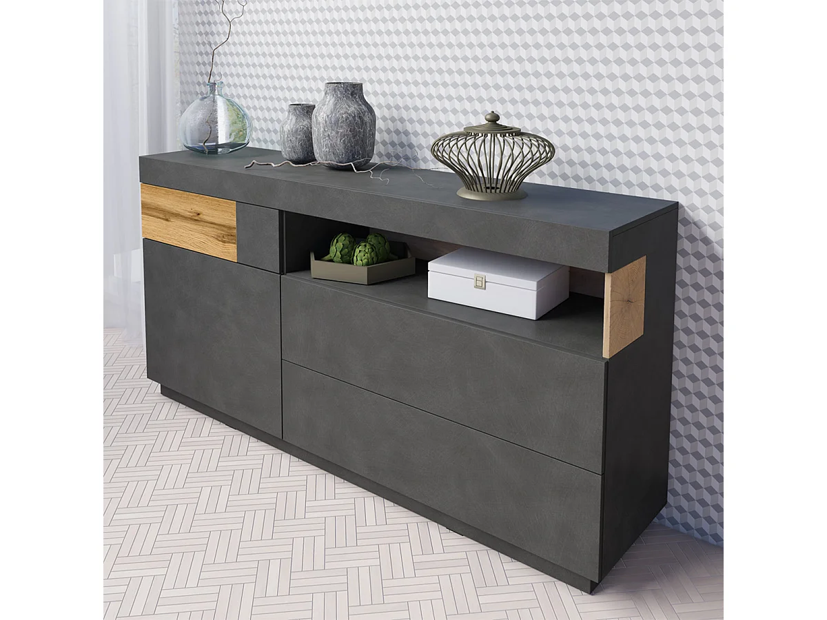 Buffet 1 porte 3 tiroirs Andrea Gris anthracite et Bois