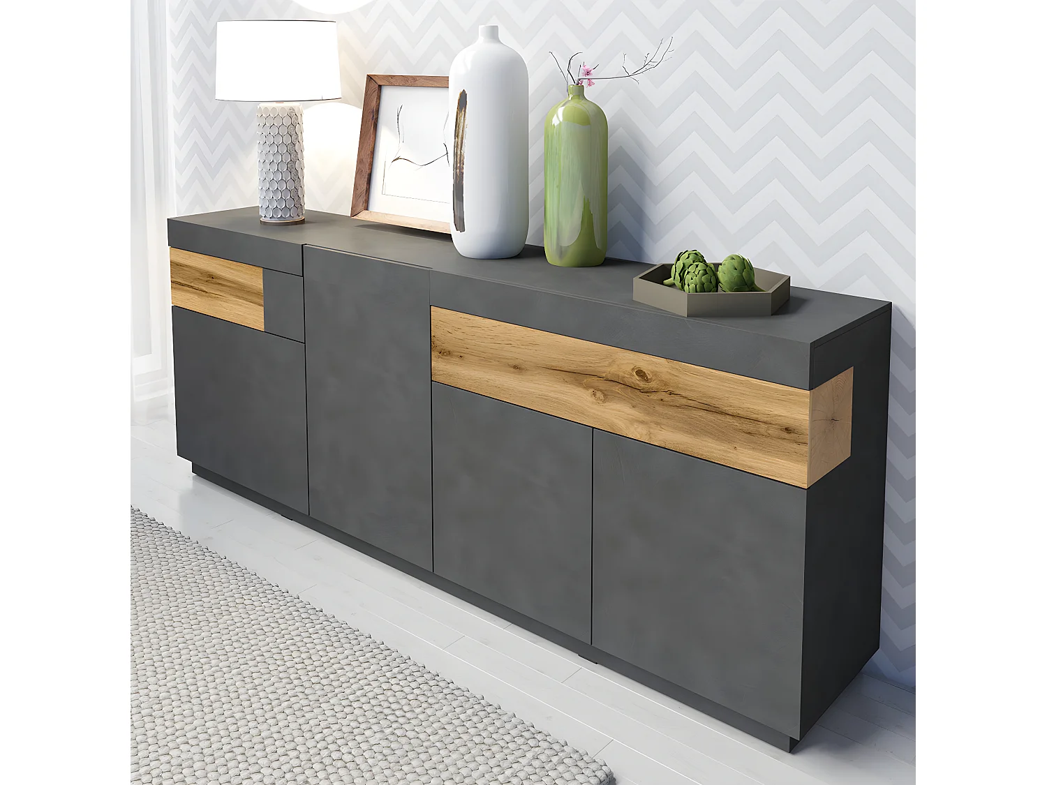 Buffet 4 portes 2 tiroirs Andrea Gris anthracite et Bois