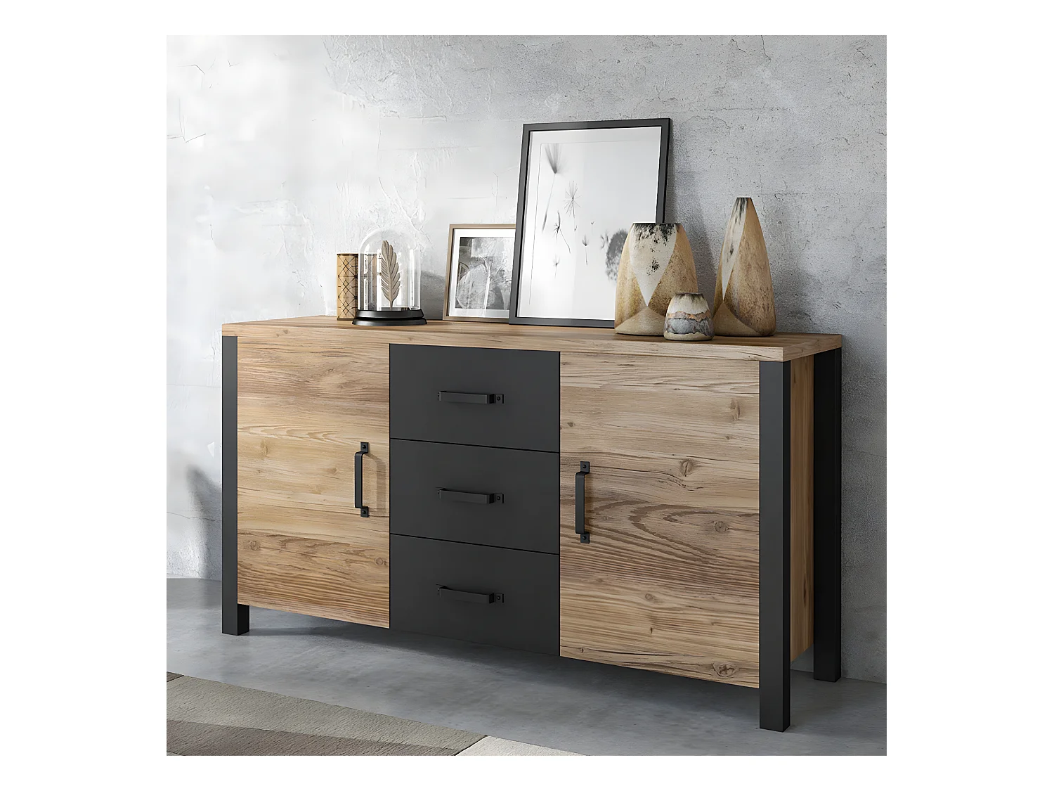 Buffet 2 portes 3 tiroirs Lyam Bois et Noir
