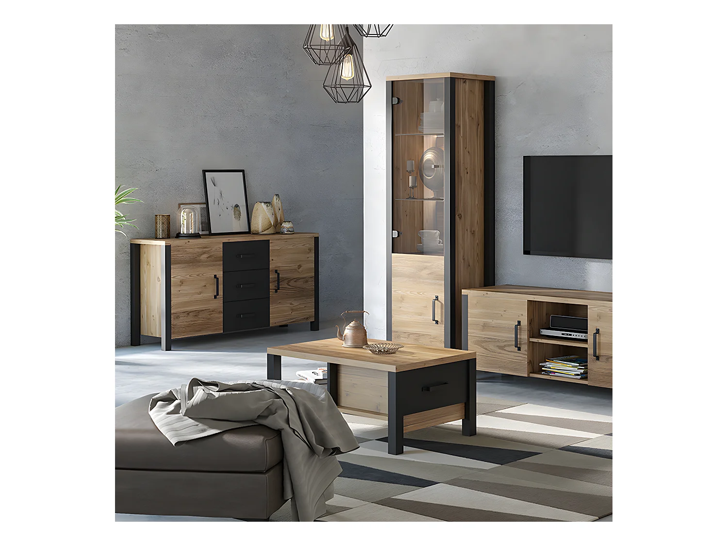 Buffet 2 portes 3 tiroirs Lyam Bois et Noir