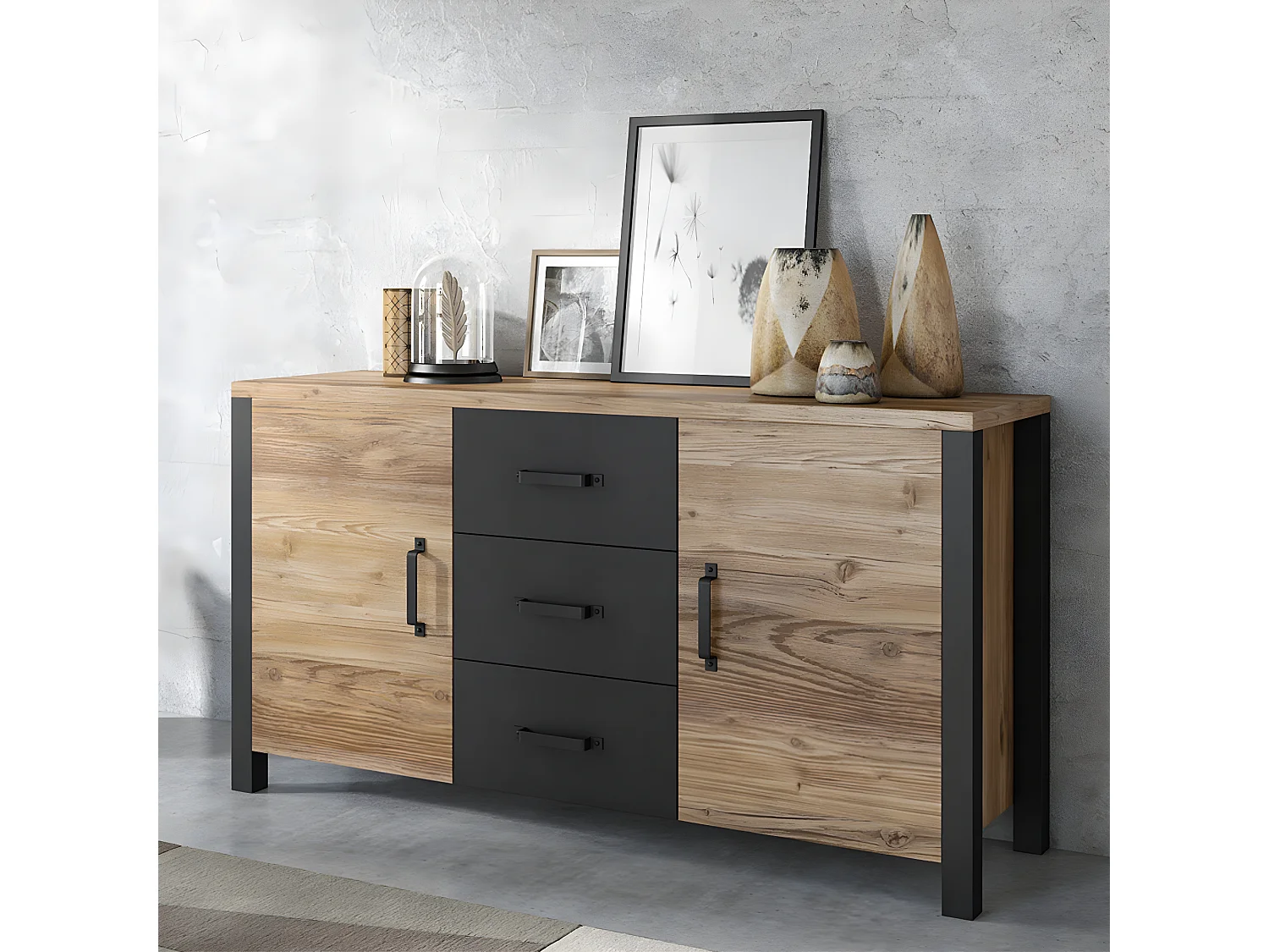Lyam Hout en Zwart 2-deurs dressoir met 3 laden