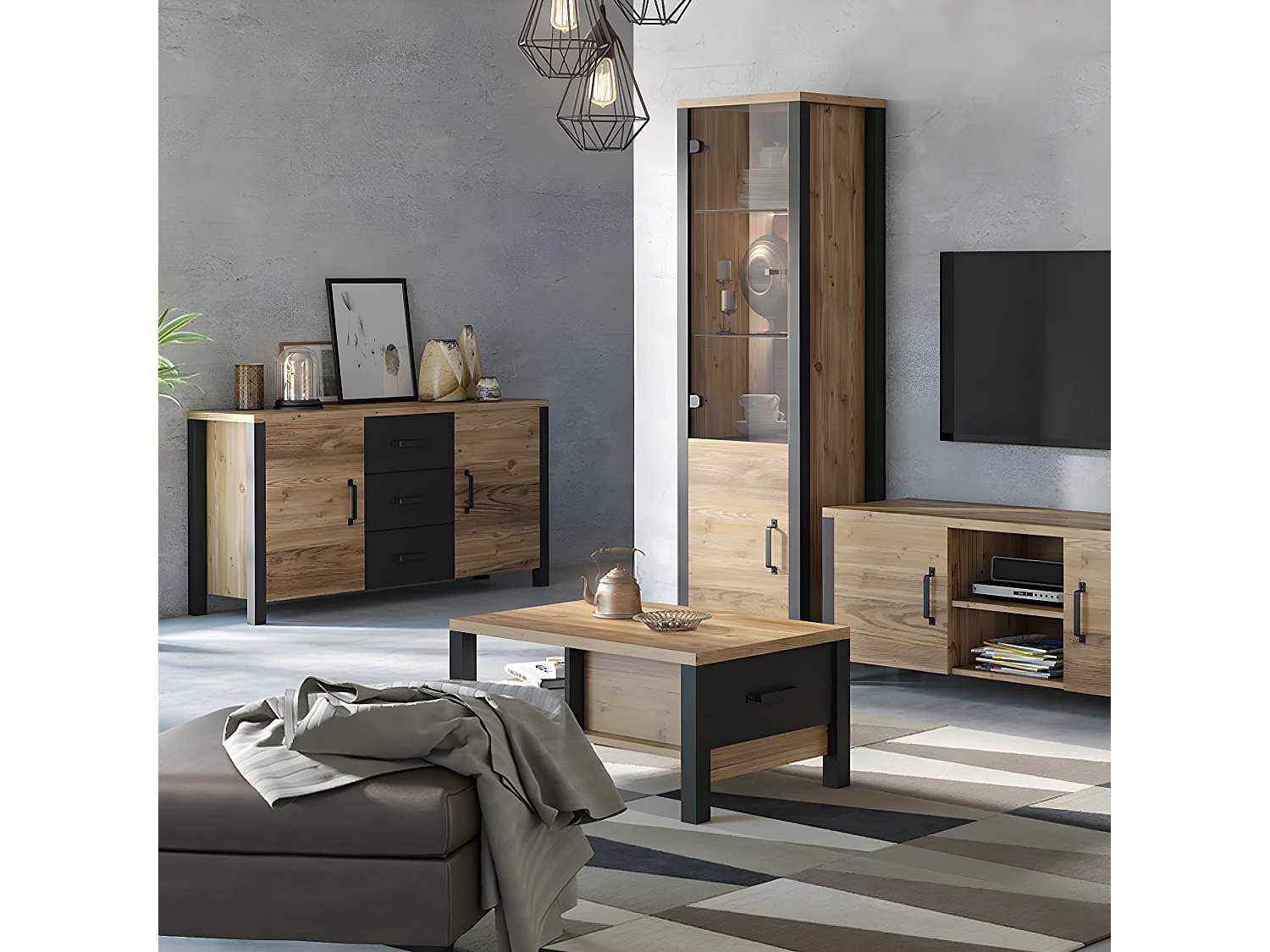 Lyam Hout en Zwart 2-deurs dressoir met 3 laden