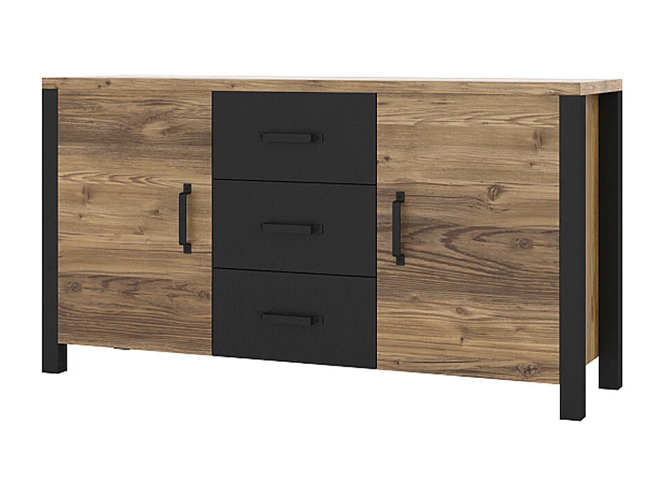 Anrichte mit 2 Türen und 3 Schubladen Lyam Holz und Schwarz
