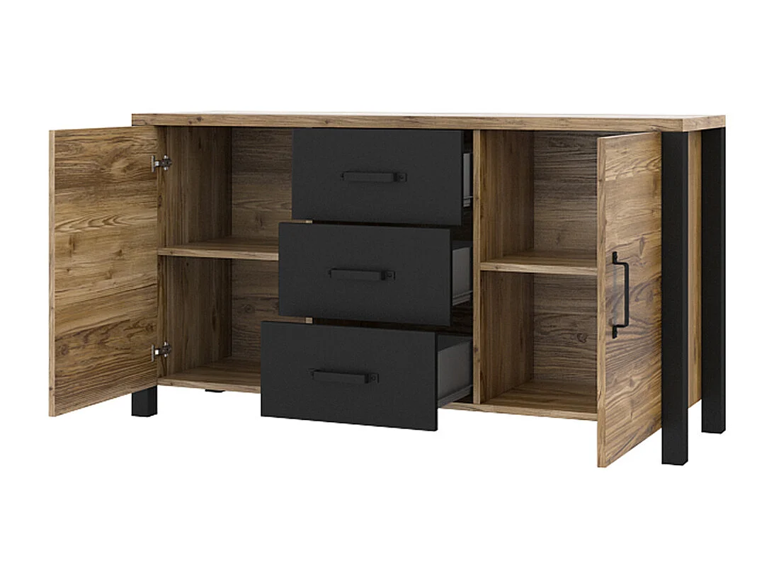 Anrichte mit 2 Türen und 3 Schubladen Lyam Holz und Schwarz