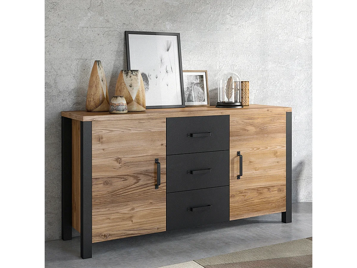 Buffet 2 portes 3 tiroirs Lyam Bois et Noir