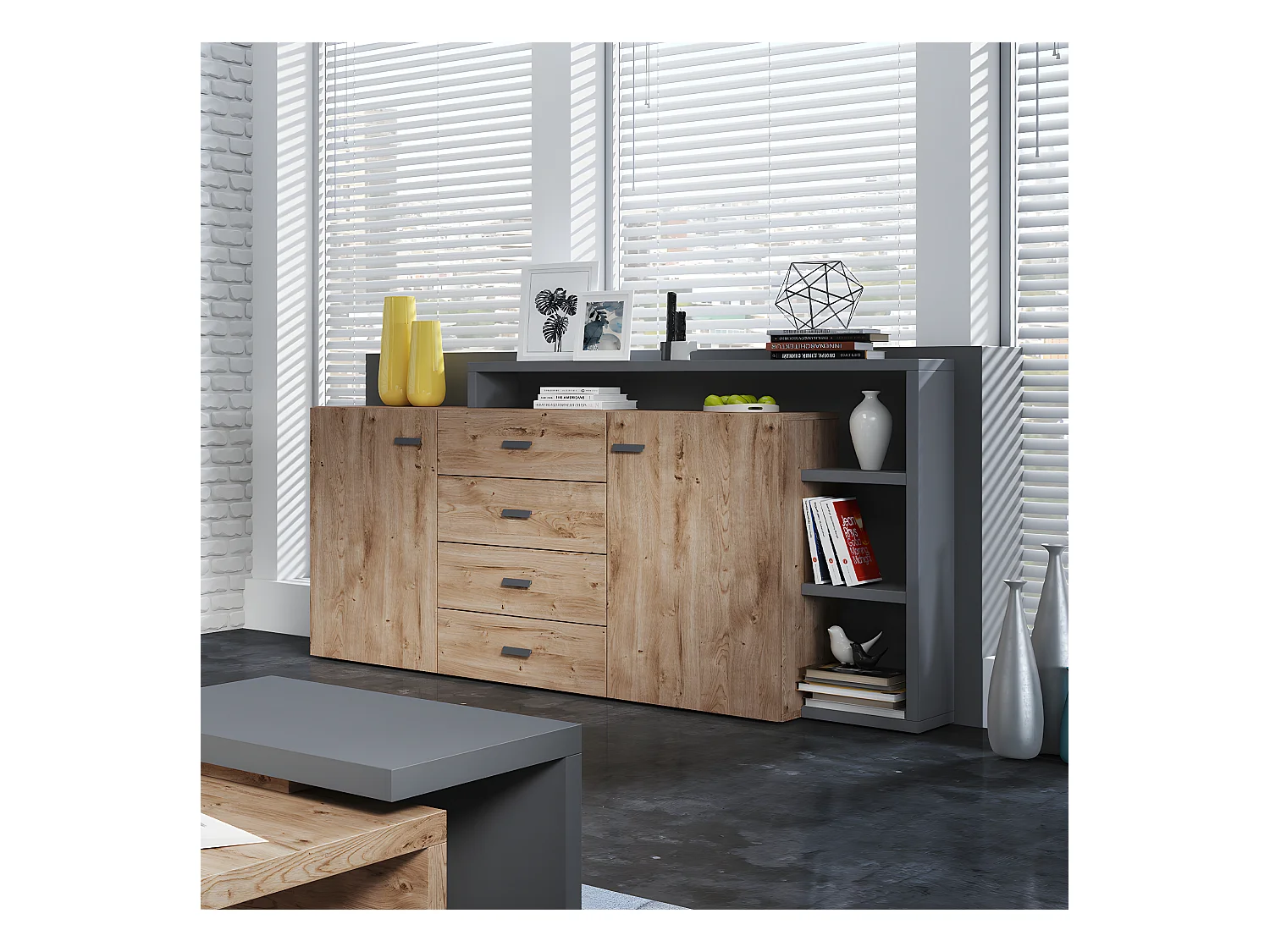 Buffet 2 portes 4 tiroirs Ilyes Bois et Gris