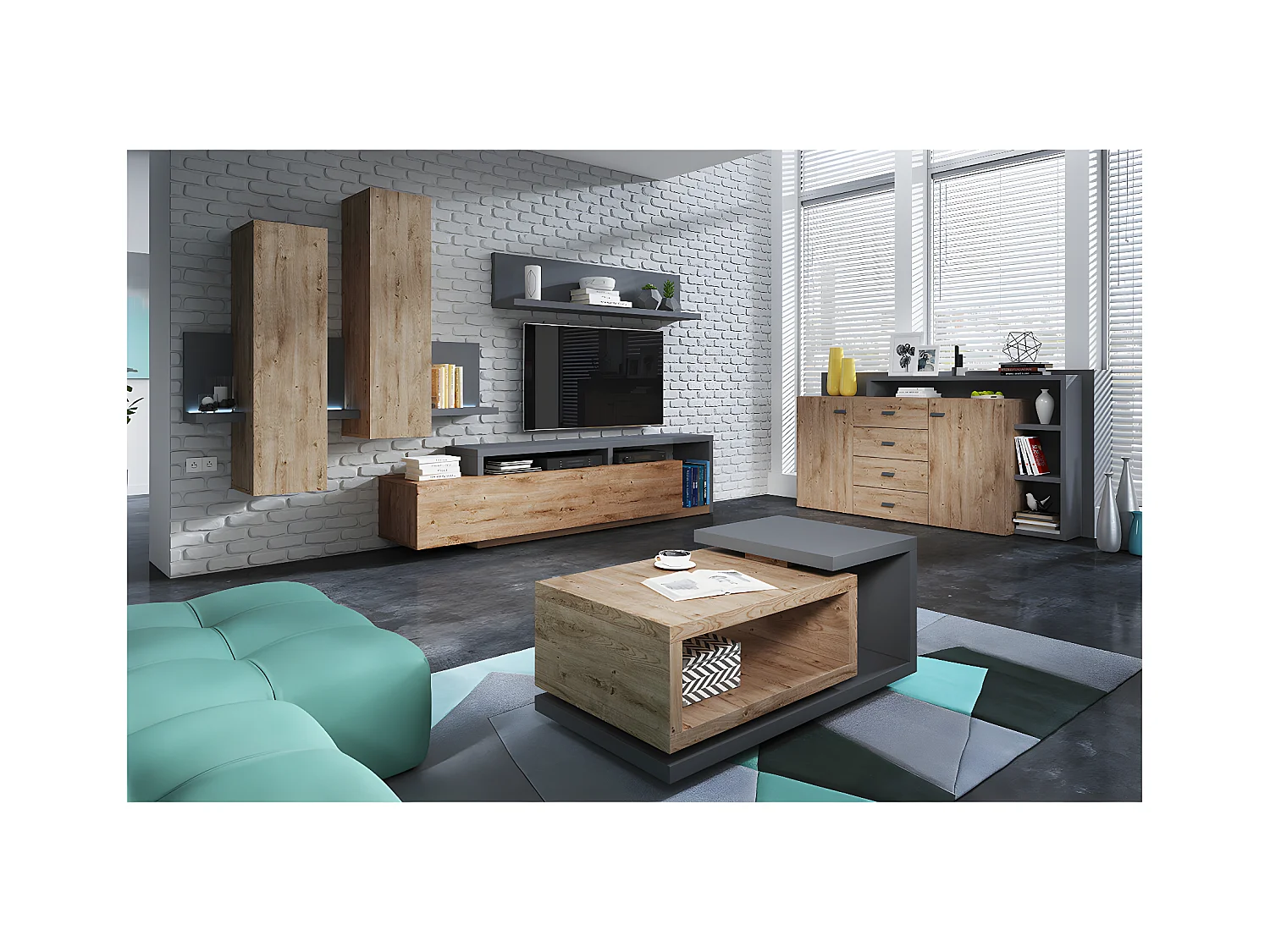 Buffet 2 portes 4 tiroirs Ilyes Bois et Gris