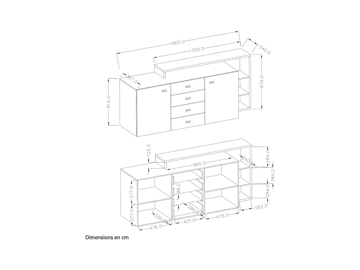 Buffet 2 portes 4 tiroirs Ilyes Bois et Gris