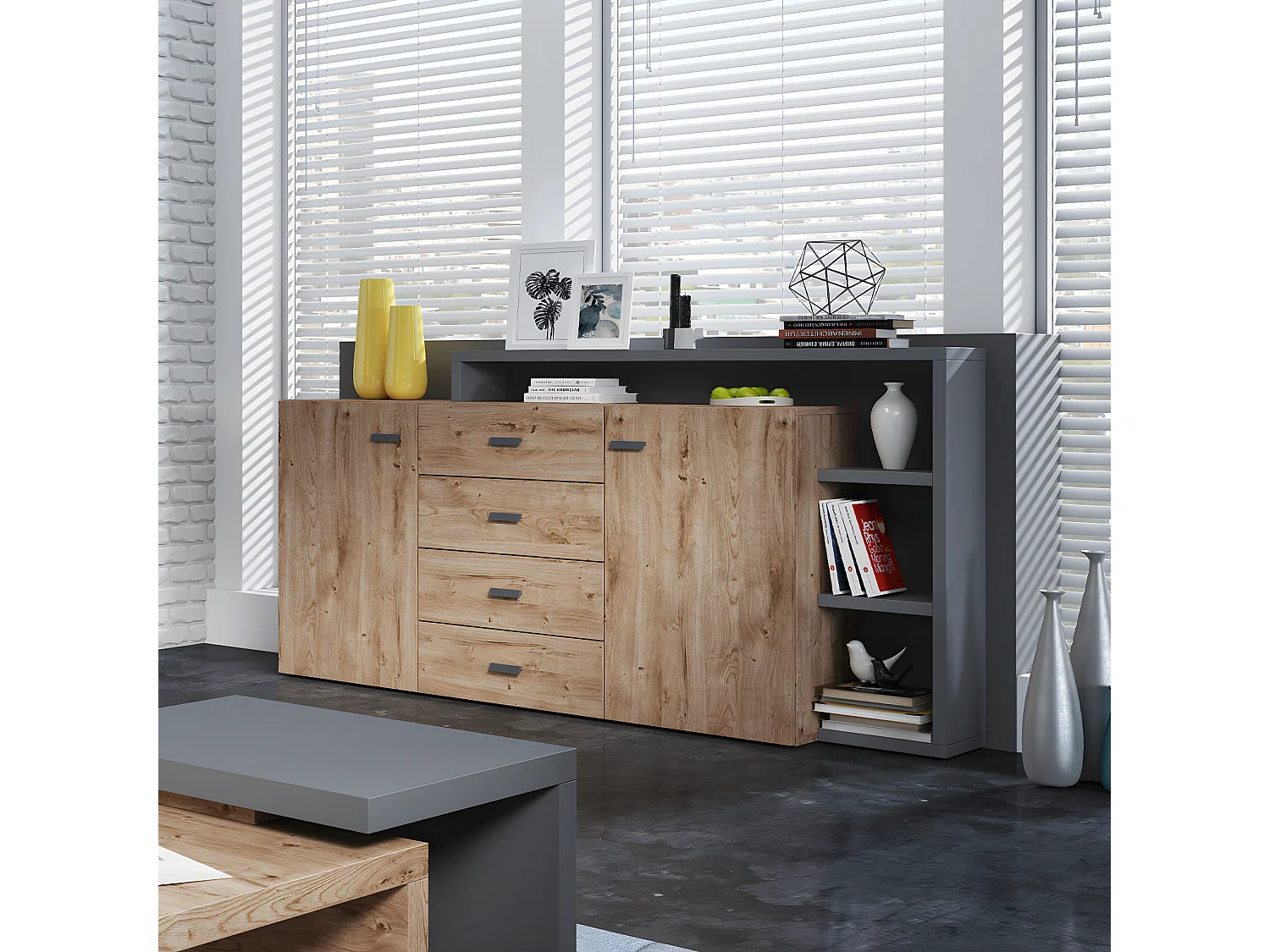 Buffet 2 portes 4 tiroirs Ilyes Bois et Gris