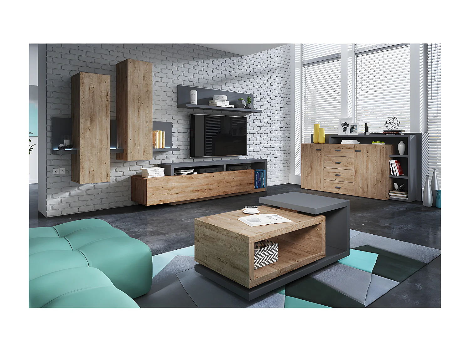 Buffet 2 portes 4 tiroirs Ilyes Bois et Gris