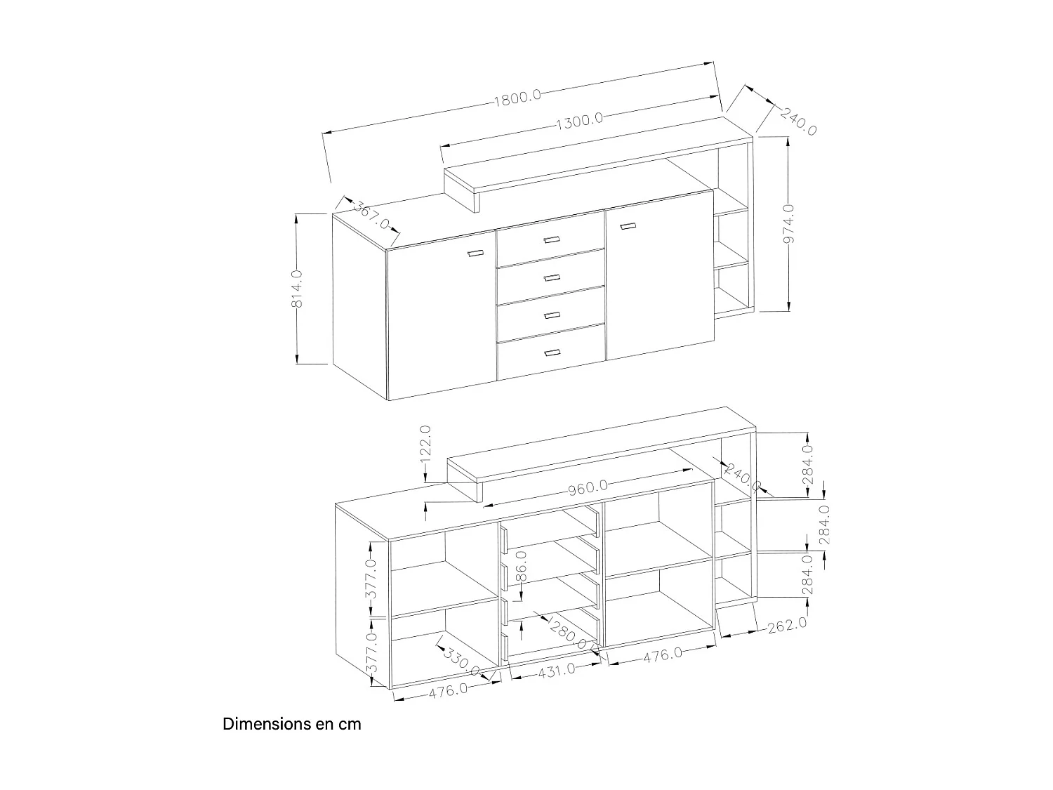 Buffet 2 portes 4 tiroirs Ilyes Bois et Gris