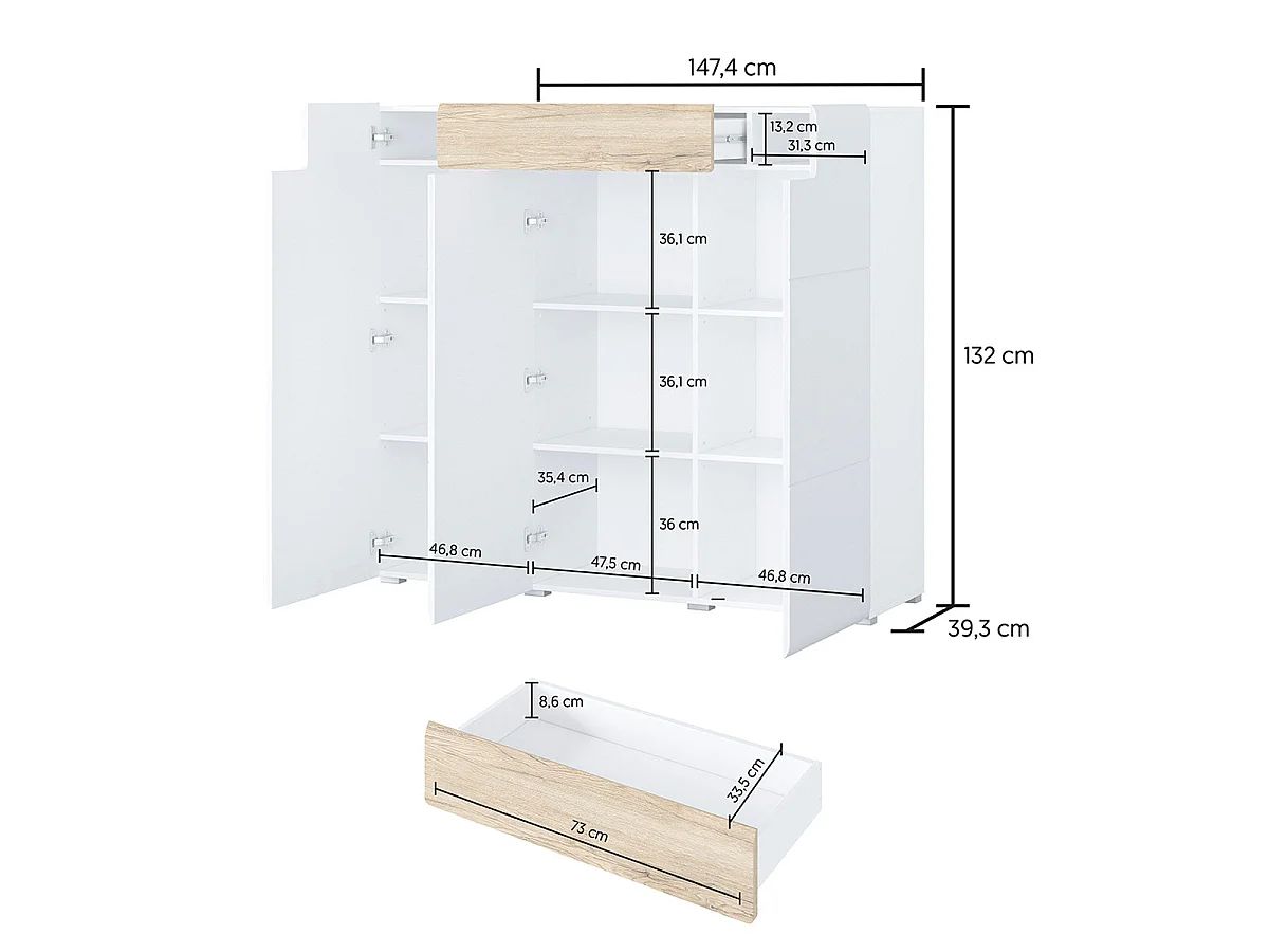 Jules Highboard i hvid og træ med 3 døre og 1 skuffe