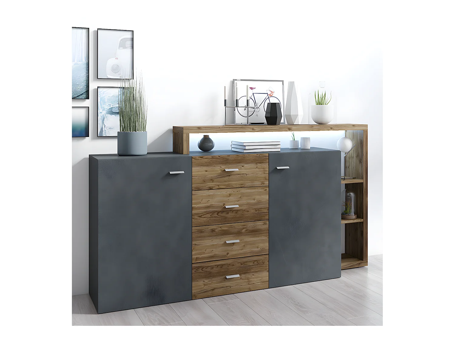 Buffet 2 portes 4 tiroirs Ilyes Gris et Bois