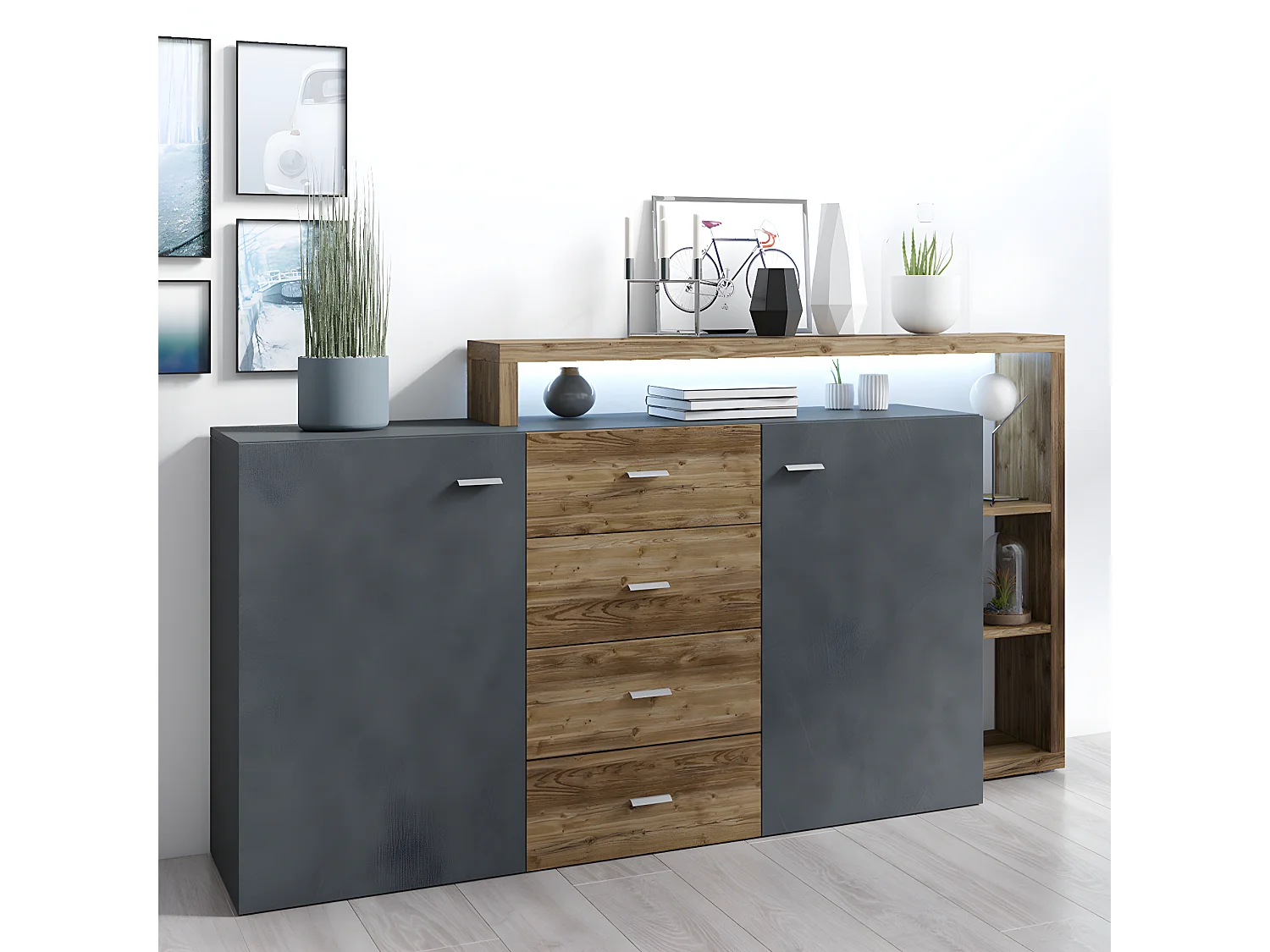Buffet 2 portes 4 tiroirs Ilyes Gris et Bois
