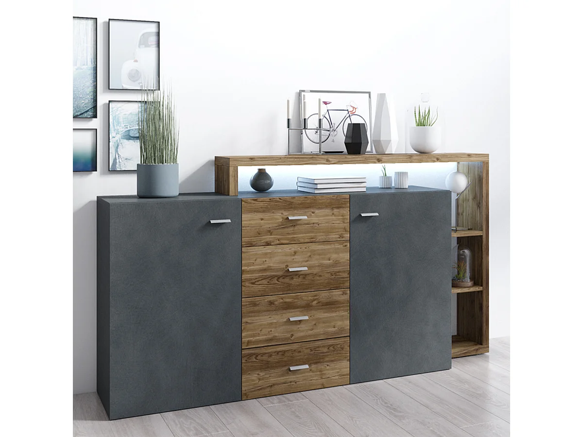 Buffet 2 portes 4 tiroirs Ilyes Gris et Bois
