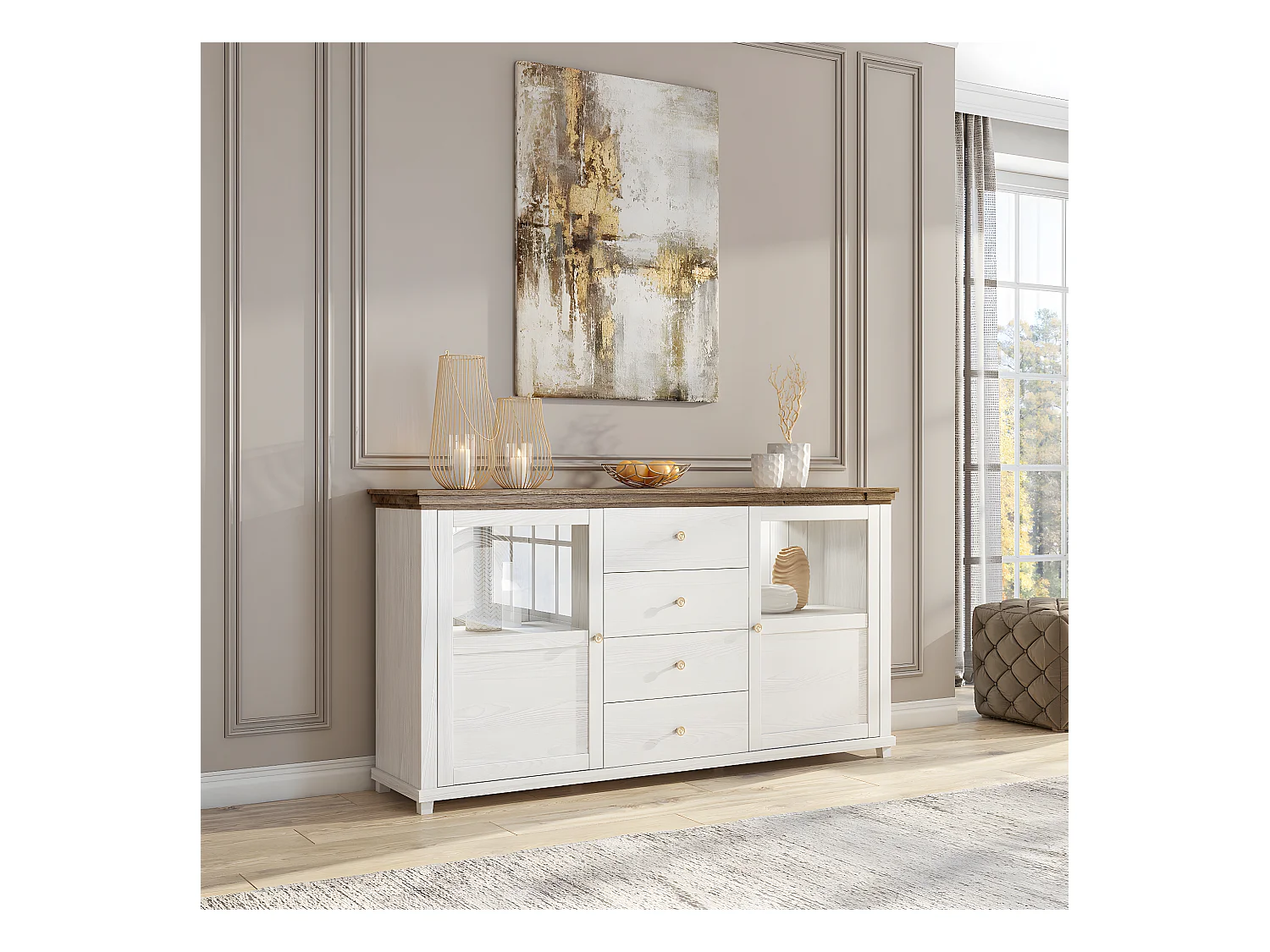 Aparador 2 portas 4 gavetas Martin madeira e branco 93cm