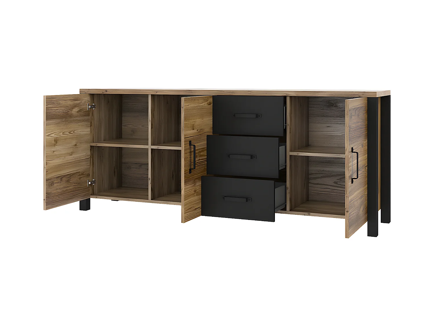 Lyam Hout en Zwart 3-deurs dressoir met 3 laden
