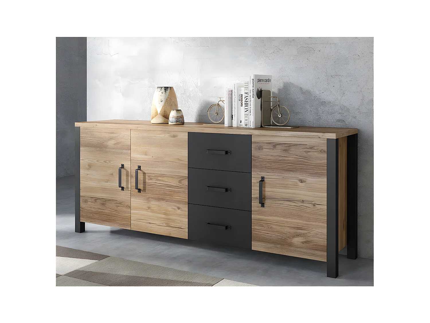 Lyam Hout en Zwart 3-deurs dressoir met 3 laden