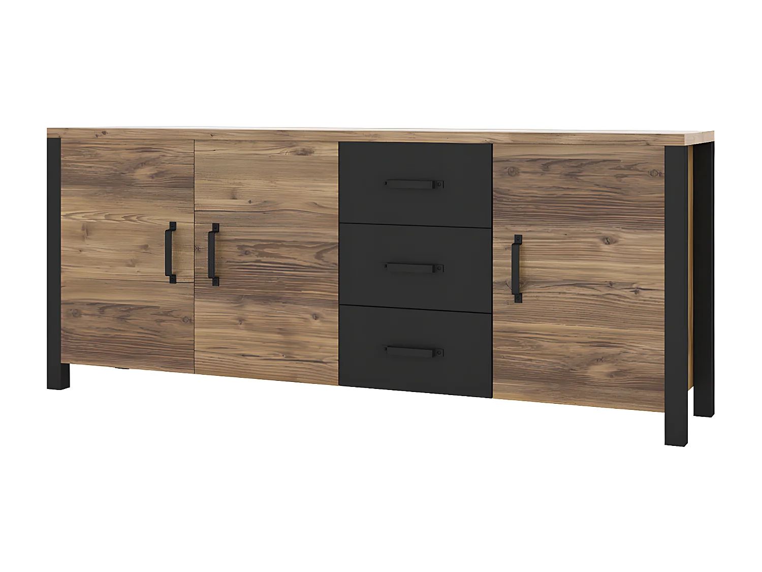 Buffet 3 portes 3 tiroirs Lyam Bois et Noir