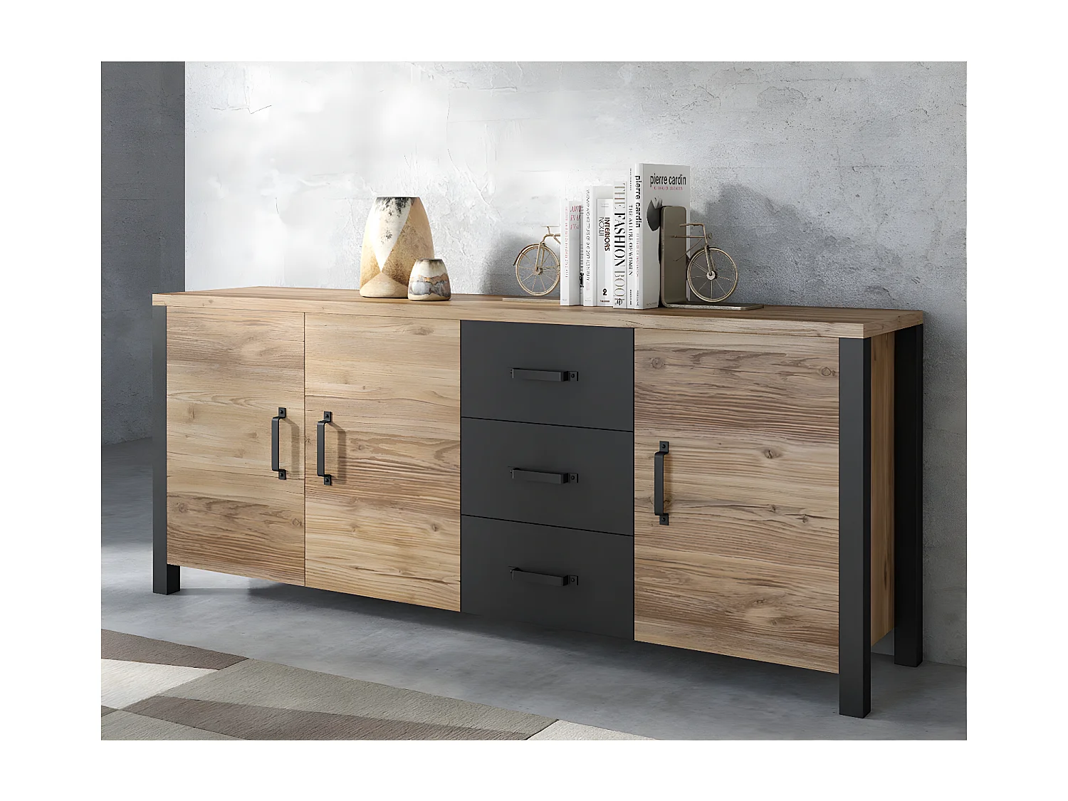 Buffet 3 portes 3 tiroirs Lyam Bois et Noir