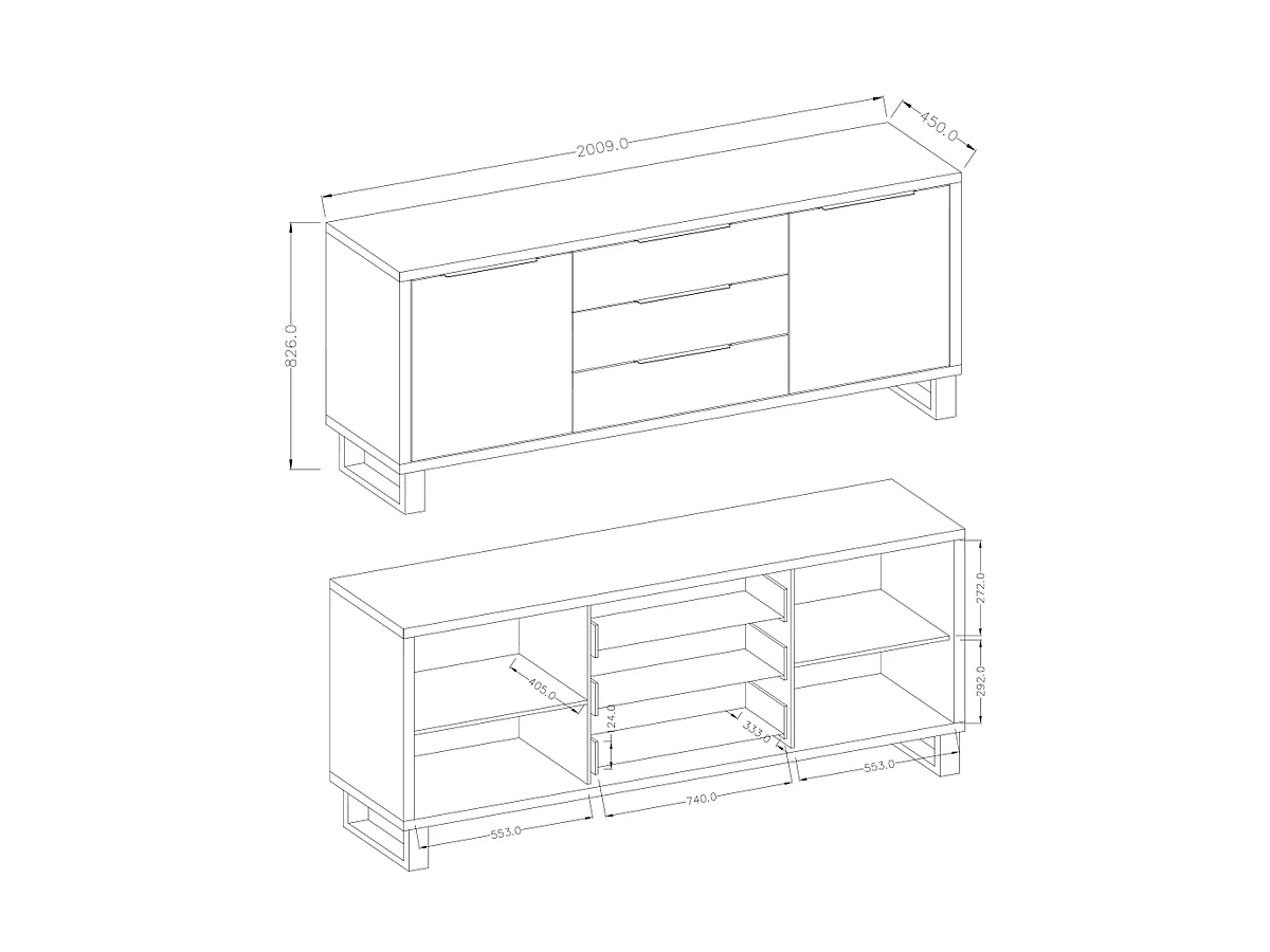 Buffet 2 portes 3 tiroirs Eden Bois et Metal