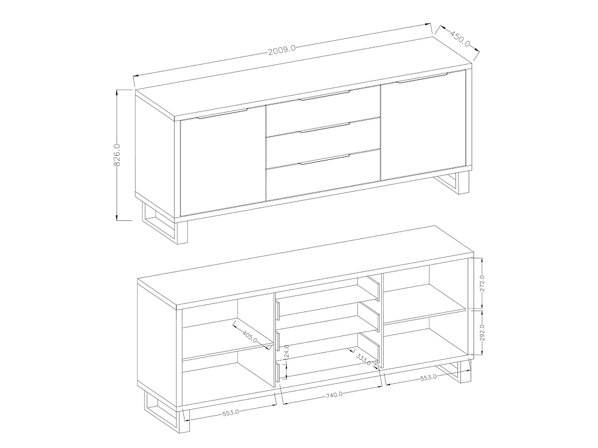 Buffet 2 portes 3 tiroirs Eden Bois et Metal