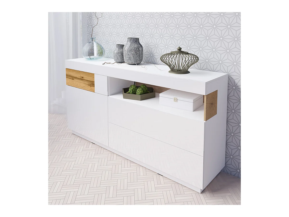 Buffet 1 porte 3 tiroirs Andrea Blanc et Bois