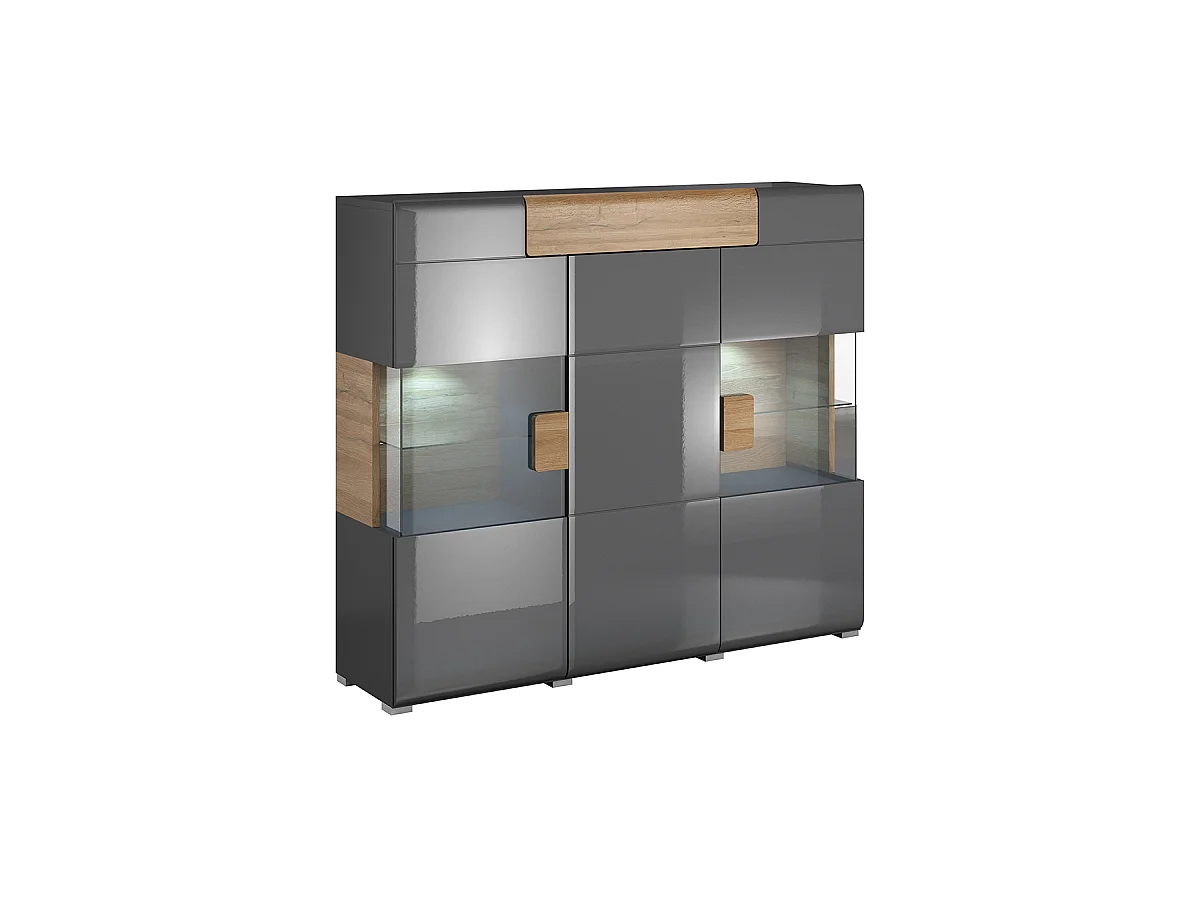 Buffet haut 3 portes 1 tiroir avec LED Jules Gris et Bois