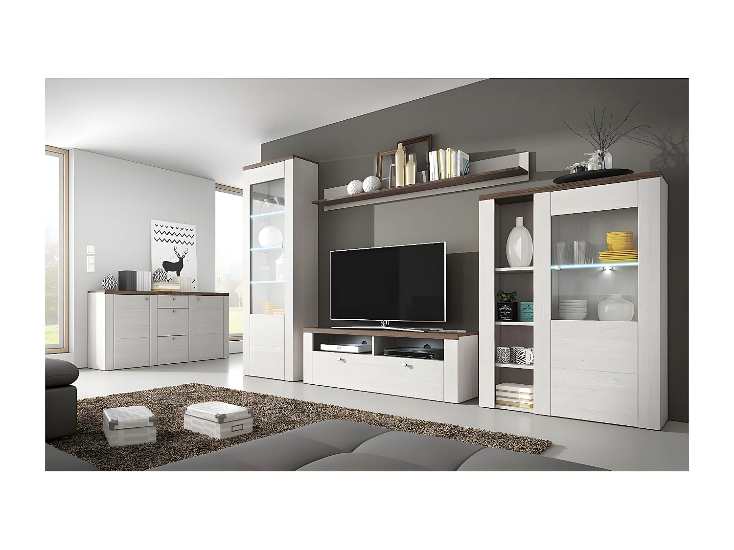 Aparador 2 portas 3 gavetas Amaury madeira e branco 85cm