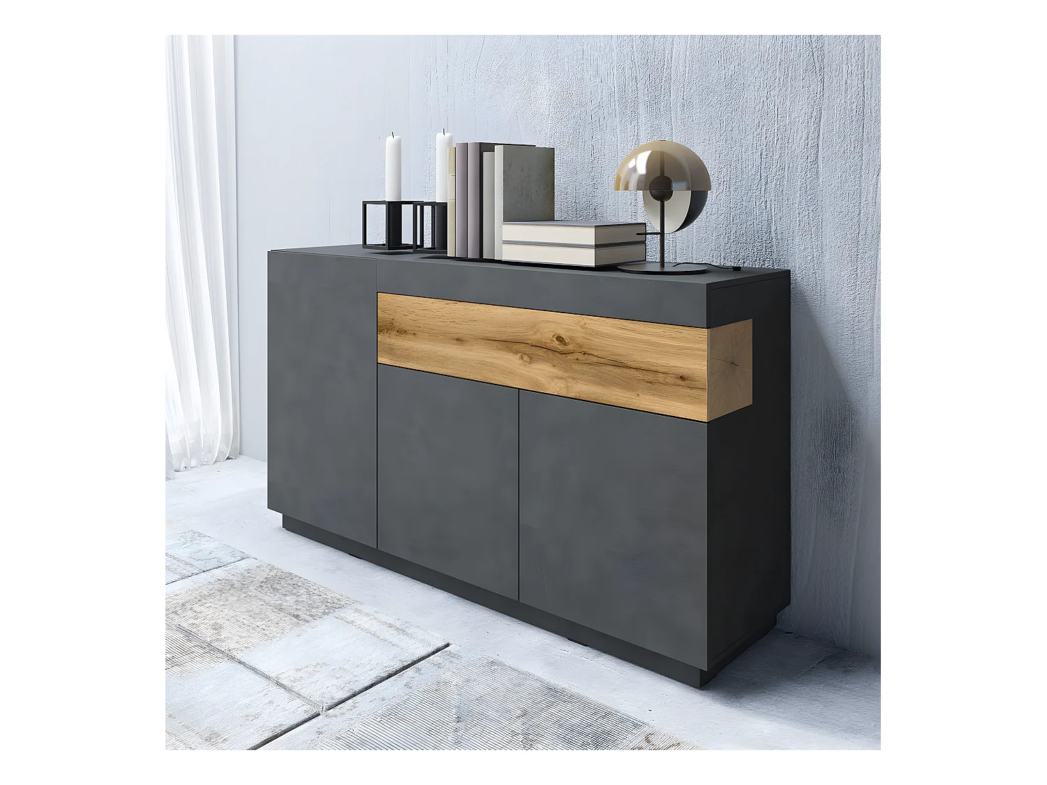 Buffet 3 portes 1 tiroir Andrea Gris anthracite et Bois